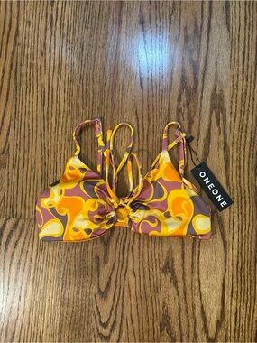 ONEONE Retro Swirl Tie-Front Bikini Top - Yellow & Orange NWT
